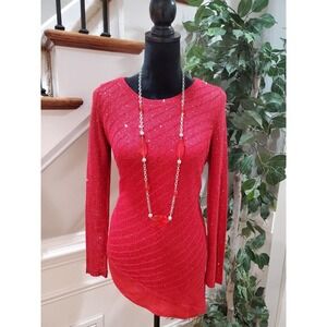 Apt. 9 Womens Red Sparkly Sequin Long Sleeve Crew Neck Sweater Size Small